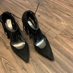 Stuart Weitzman Black Suede Fringe Pump